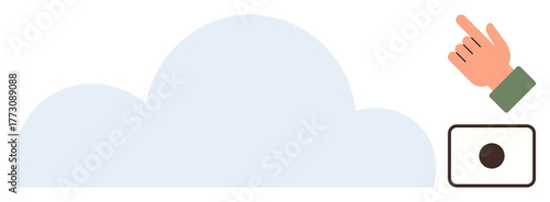 Hand interacting with a circular button near a large cloud shape. Ideal for concepts thumbs up cloud computing, data storage, user control, technology, interaction, simplicity, digital access