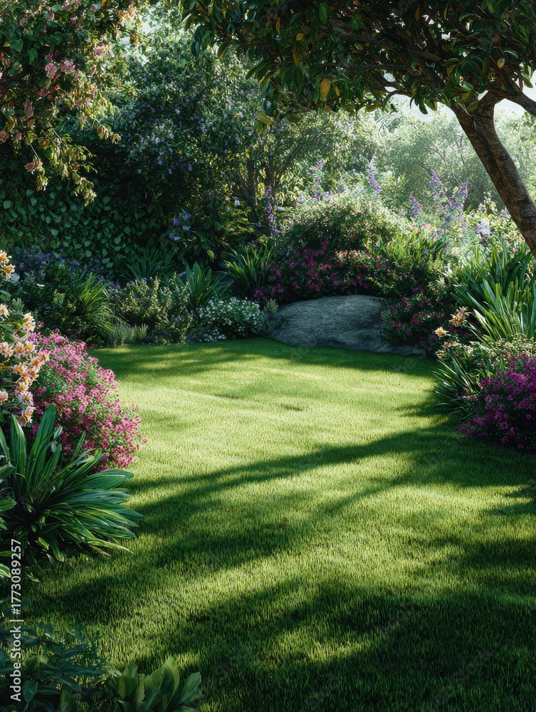 Obraz premium Landscaped garden area with vibrant green lawn. Rich plants, flowers border lawn. Sunlight casts shadows on grass creating beautiful scene. Ideal for lawn care services, landscaping designs.