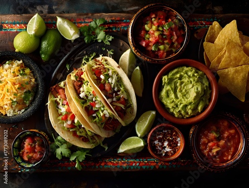 Wallpaper Mural Mexican fiesta table with spread of tacos, guacamole, and salsa Torontodigital.ca