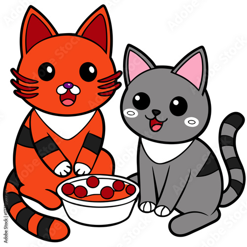 Adorable cats sharing mealtime a black white striped cat eating and a red black cat sitting nearby on white background.03