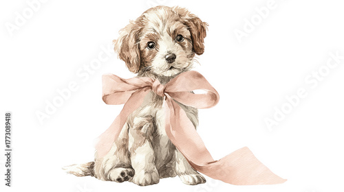 Cute puppy with pink ribbon bow sitting, transparent background