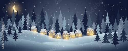 Winter night scene with cozy houses glowing in snowy pine forest under crescent moon and gentle snowfall. Vector illustration.