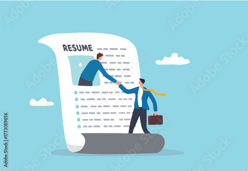 Success candidate get new job with best resume, human resources hiring or making contract with new joiner, apply for new job concept, businessman get out of resume picture handshake with employer.