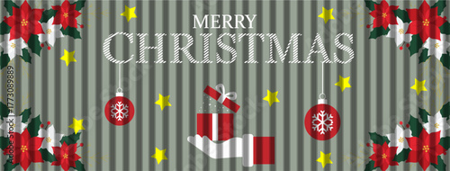 Merry Christmas Poster with Gift Box, Poinsettia Flowers, and Hanging Ornaments on Striped Background — Festive Holiday Vector Design 