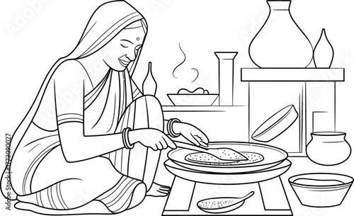 A woman prepares food in a traditional kitchen setting, cooking on a stovetop.