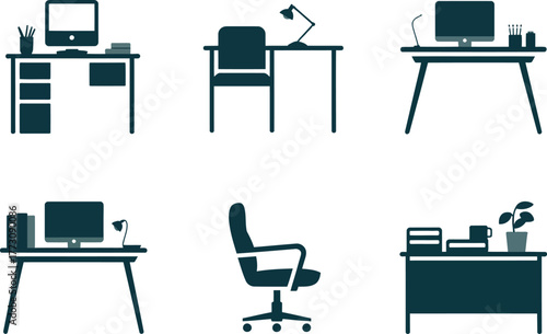 A collection of office desks and chairs in a minimalist, graphic style