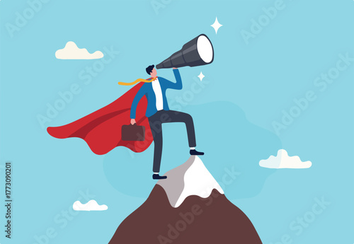 Business vision to see journey to success, discovery new opportunity, looking for jobs, future success or career goal, leadership mission concept, businessman lookout telescope on top mountain peak.