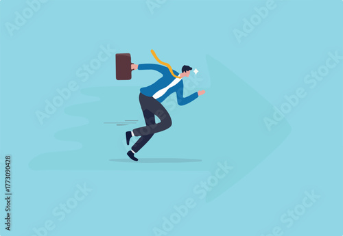 Moving forward to achieve success, ambition or motivation to reach business target, career development or work effort concept, confidence ambitious businessman running forward on arrow symbol.