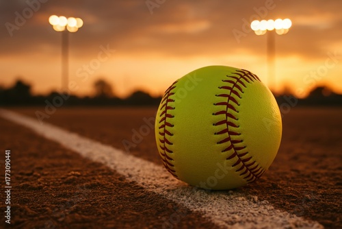 Bright yellow softball on dusty infield with chalk baselines and evening stadium lights