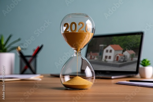 New Year 2026 real estate investment concept with hourglass coins and house model