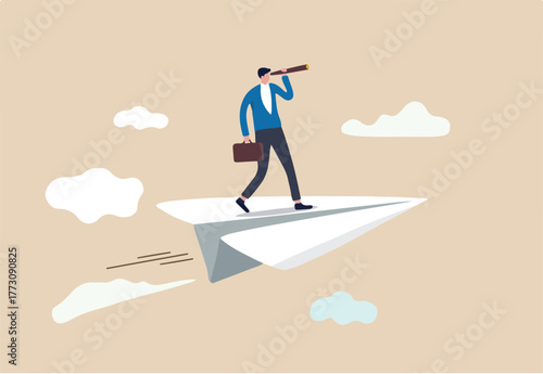Business vision to see opportunity or strategy, discovery or visionary to look forward in business concept, confidence businessman leader on flying high paper plane looking forward through telescope.