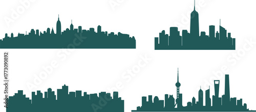City skyline silhouettes, urban architecture, famous buildings, global landmarks, New York, Shanghai, European cityscape, modern skyline, flat vector illustration