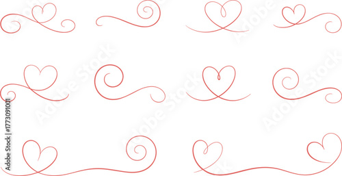 Heart swirl decorative elements, romantic flourish design, love embellishment set, elegant red ornament curves, flat vector illustration