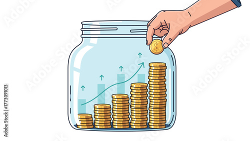 Hand putting coin into piggy bank with increasing savings graph  