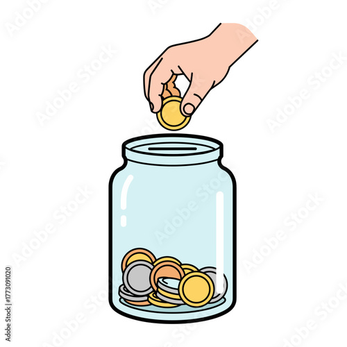 Hand putting coin into jar for saving money  