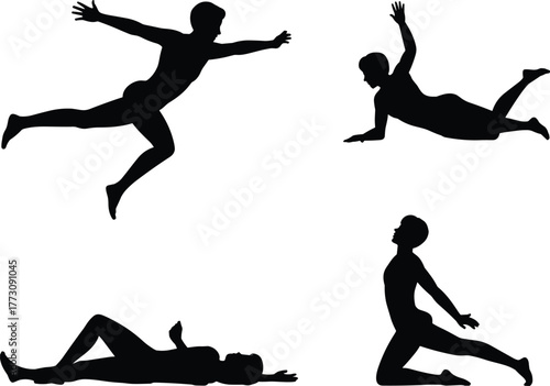Human silhouette poses, yoga stretch icon, expressive movement shapes, dynamic body positions, meditation figure set, flat vector illustration