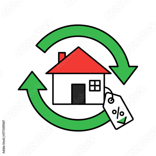 House icon with mortgage refinancing symbol and percentage tag  