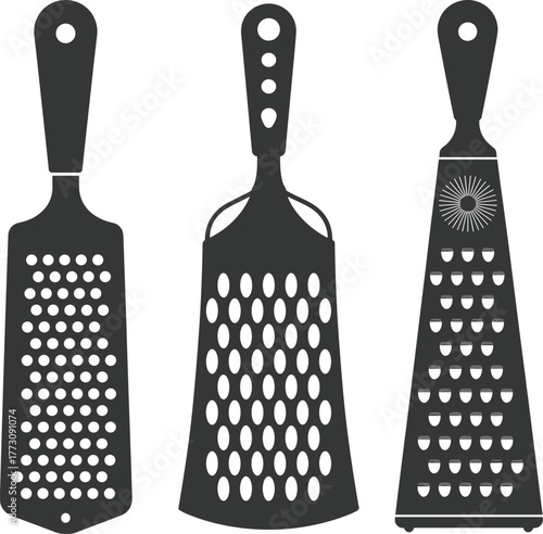 Kitchen graters vector, flat grater design, food prep tools, stainless steel utensil, cooking equipment, flat vector illustration, black silhouette