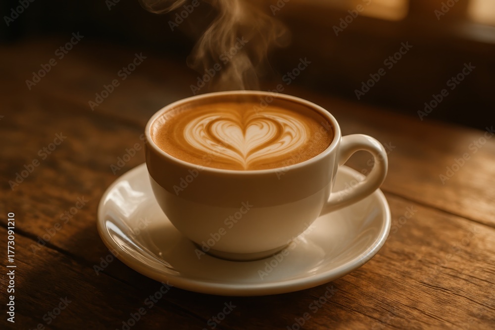 Fototapeta premium Steaming cappuccino with heart latte art on rustic wood table in warm morning light