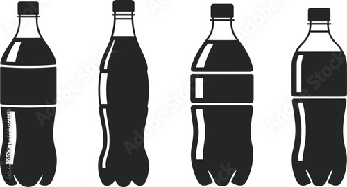 Plastic soda bottles silhouette, beverage container icons, soft drink packaging shapes, black vector design, flat vector illustration, bottle label graphic