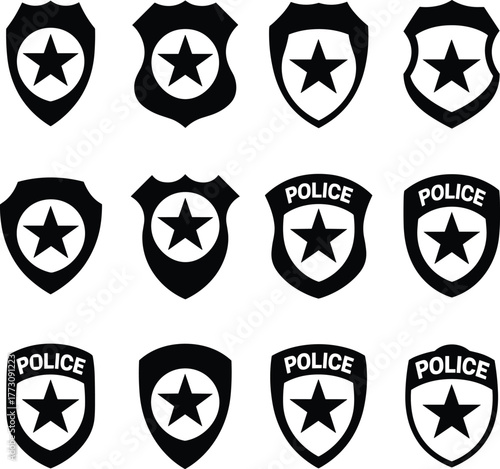 Police badge icon set, black and white vector, law enforcement symbol, shield design, star motif, flat vector illustration, graphic asset