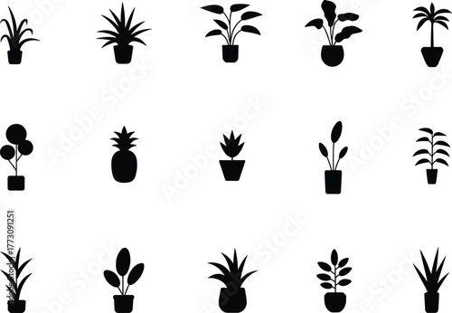 Potted plant silhouette icons, indoor foliage shapes, botanical vector set, black houseplant symbols, minimalist greenery design, gardening clipart collection