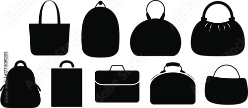 Silhouette collection of fashion bags, tote, backpack, purse, handbag, briefcase, isolated icons, black shapes, flat vector illustration