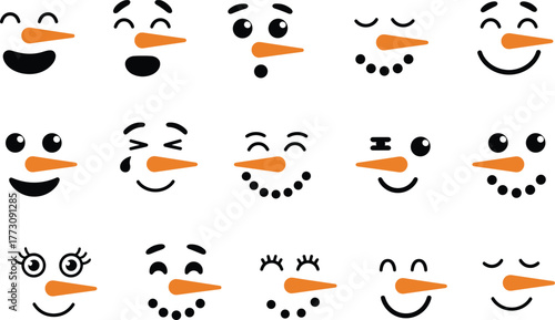 Snowman face icon set, cute expressions, winter character design, holiday emoji collection, cartoon style, flat vector illustration