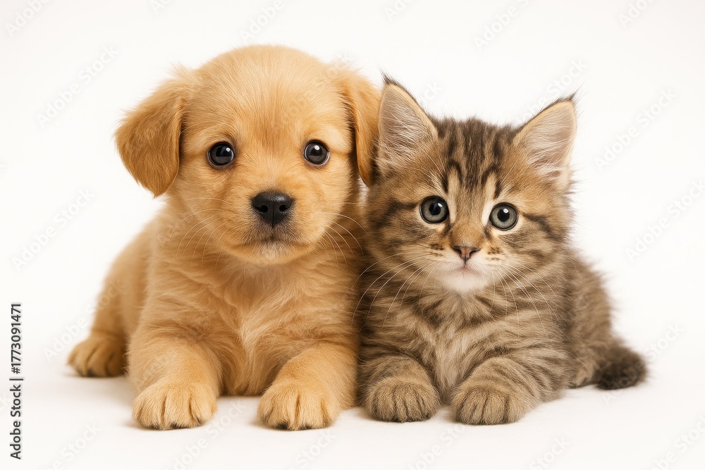 Obraz premium Adorable puppy and kitten cuddling on white background fluffy fur and bright eyes