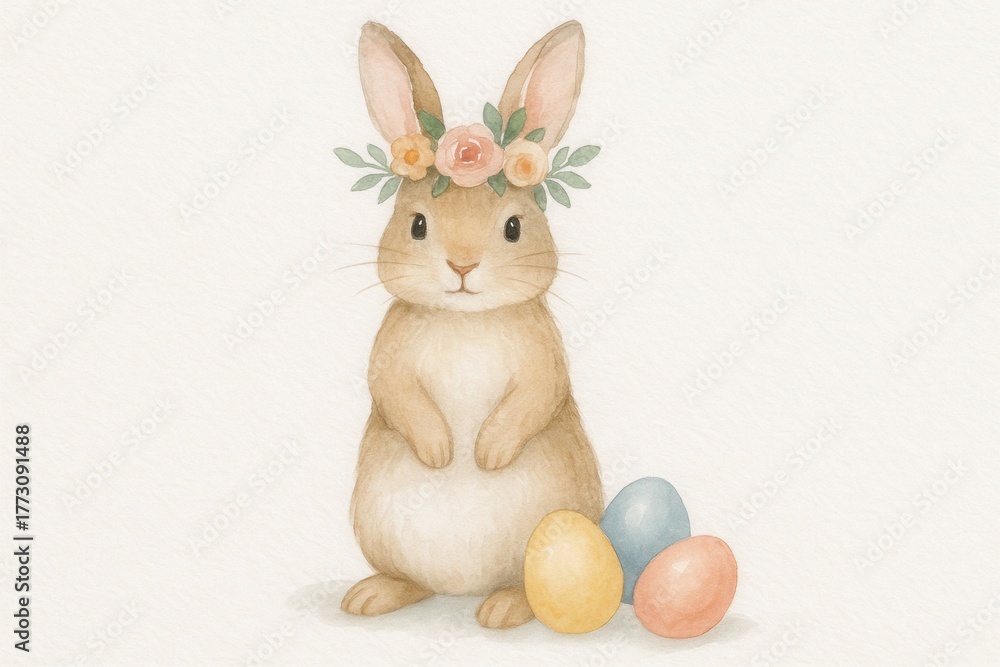 Fototapeta premium Watercolor spring bunny character with floral wreath and painted eggs printable clipart