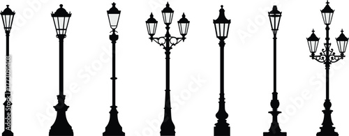Vintage street lamp silhouettes, classic urban lighting, ornate lantern posts, retro outdoor fixtures, antique city lights, decorative lamp designs, flat vector illustration