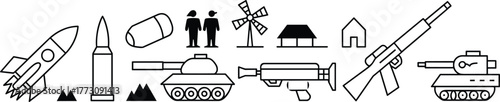 War icon set, rocket, bullet, tank, rifle, bazooka, human figure, windmill, house, peace conflict contrast, flat vector illustration