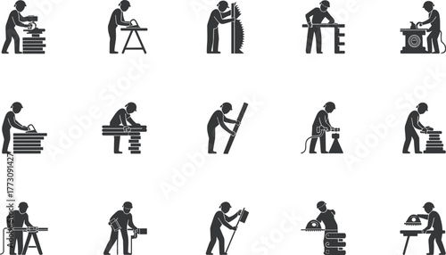 Woodworking silhouette, carpentry tools, sanding, drilling, sawing, planing, assembling, DIY worker, construction icon, flat vector illustration, black figures