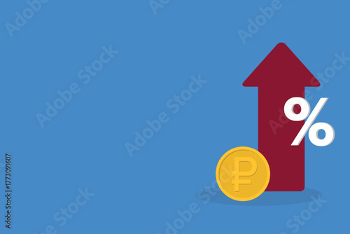 Increased income or revenue, capital gain, increased sales turnover, Russian ruble and arrow with percentage sign