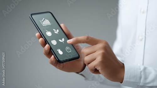 Wallpaper Mural A person interacts with a smartphone displaying icons related to fruits and growth. Torontodigital.ca
