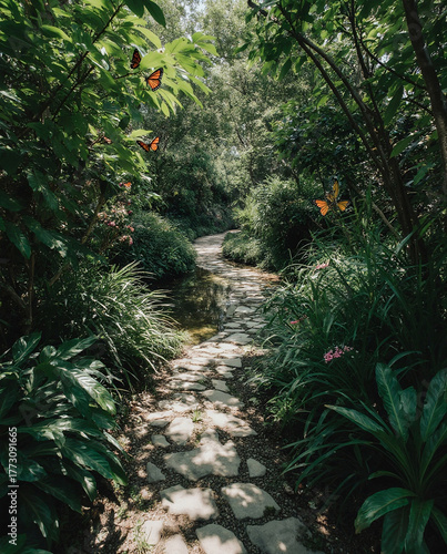 Sun-Dappled Stone Path Winding Through a Lush Butterfly Garden