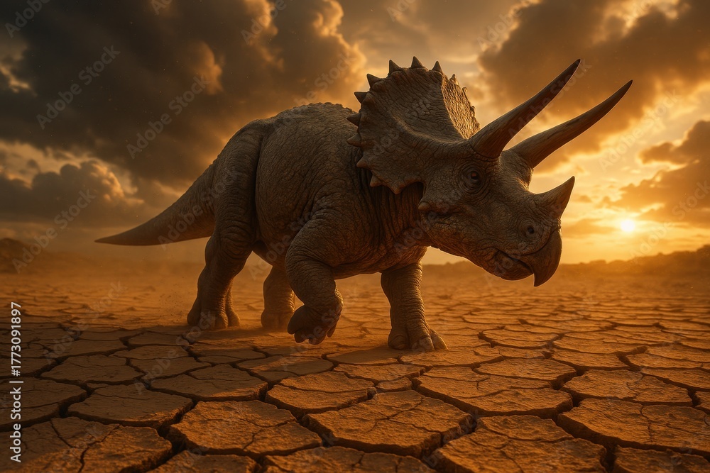Fototapeta premium Majestic triceratops roaming arid badlands at golden hour cinematic 3D paleo scene
