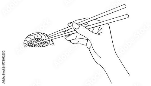 箸でマグロ/鮭（サーモン）の握り寿司をつまむ手の線画イラスト,和食,寿司,食事,ベクター,日本食