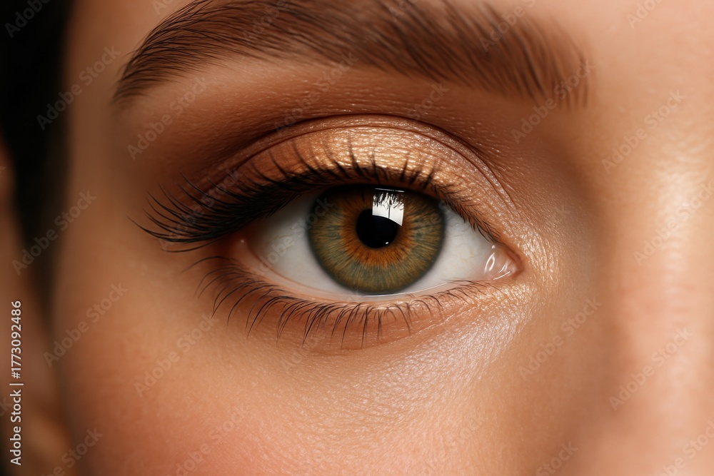 Obraz premium Ultra detailed macro of a natural makeup eye with shimmering iris and soft lashes