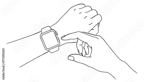 スマートウォッチを指で操作する手の線画イラスト,ウェアラブル端末,テクノロジー,健康管理,ベクター