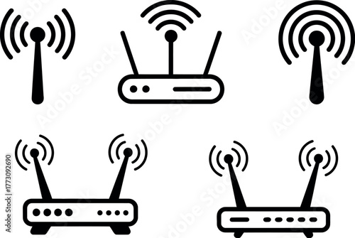 A collection of icons representing wireless network technology and connectivity.