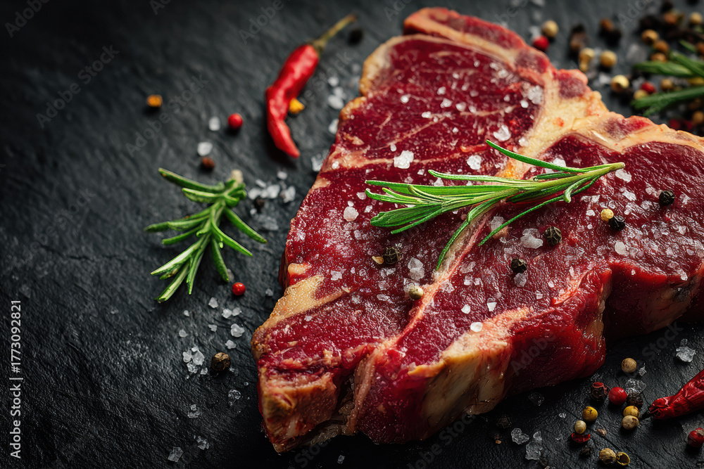 Obraz premium Juicy raw T-bone beef steak with sea salt flakes, aromatic rosemary sprigs, and chili peppers on a dark slate background. Perfect for culinary themes and healthy eating.