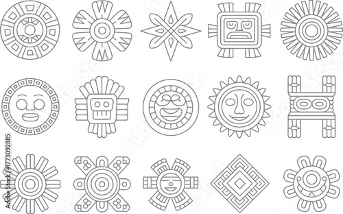 Ancient Aztec cultural symbols and icons are presented in a clean, illustrative line art style.