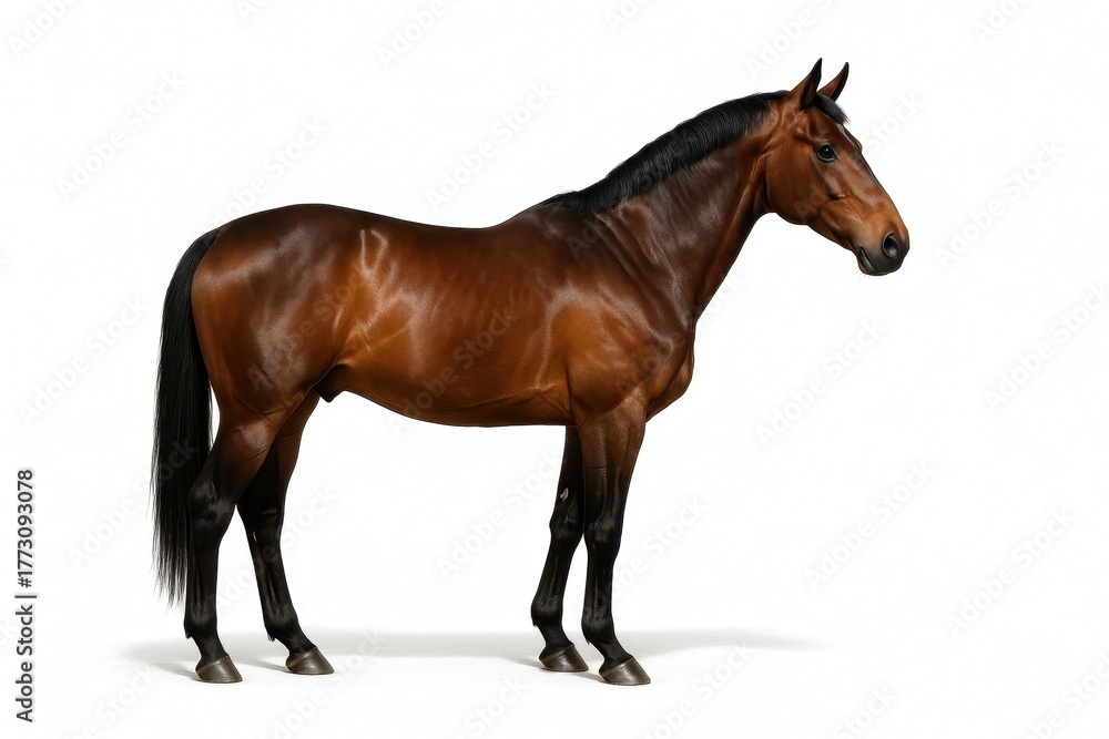Fototapeta premium Elegant bay horse standing side profile isolated on white with clean studio shadow