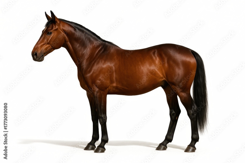 Obraz premium Elegant bay horse standing side profile isolated on white with clean studio shadow