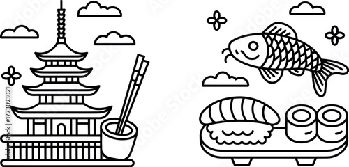 Illustrations of a Japanese pagoda, sushi, and a koi fish represent elements of Japanese culture and cuisine.
