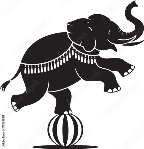 Circus elephant balancing on ball vector illustration, playful performing animal in black and white silhouette design, fun entertainment artwork symbolizing balance, talent, and showmanship