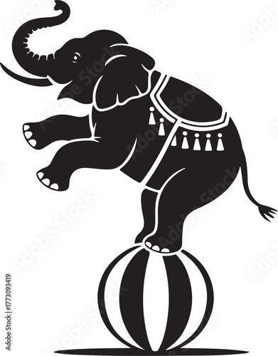 Circus elephant balancing on ball, playful performance vector illustration