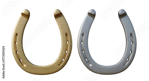 Two contrasting horseshoes one golden and one silver presented on a dark background symbolizing luck and fortune