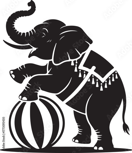 Black and white elephant performing circus trick, silhouette vector art